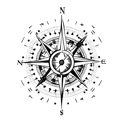 A compass with musical notes as directional markers tattoo design idea