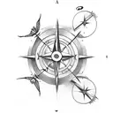  arrow pointing upwards, compass roses, butterfly with music note, cardinal tattoo design idea