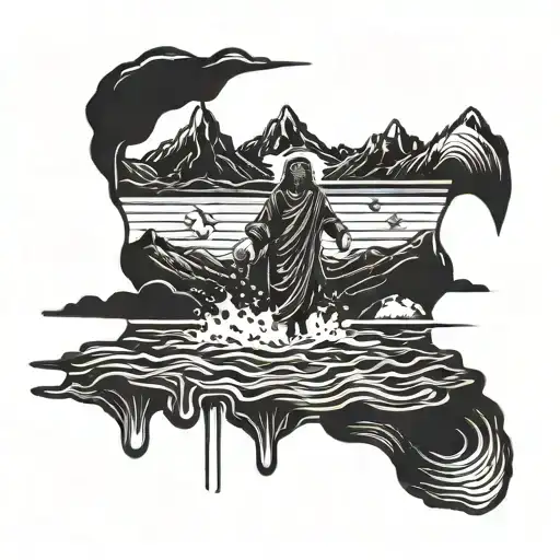 A stylized silhouette of Jesus walking on water with a mountain in the background tattoo design idea