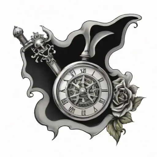 excalibur and clock with two children name Neil and Alexis on clock and 23 january and 25 december tattoo design idea