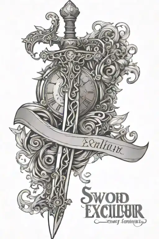 sword excalibur with text text is Neil and other text Alexis and clock with 25 décembre et 27 janvier on it tattoo design idea