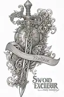 sword excalibur with text text is Neil and other text Alexis and clock with 25 décembre et 27 janvier on it tattoo design idea