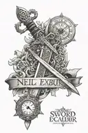 sword excalibur with text text is Neil and other text Alexis and clock with 25 décembre et 27 janvier on it tattoo design idea
