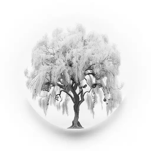 willow tree with pocket watch hanging from branch tattoo design idea