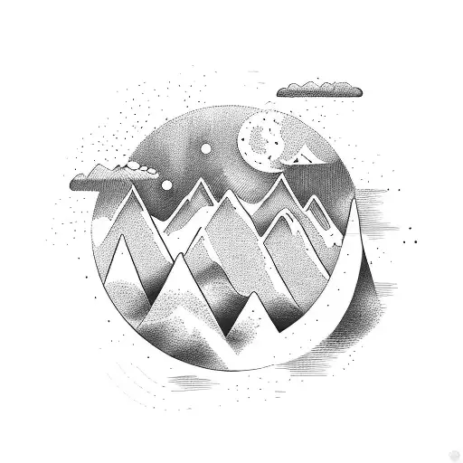 A sketch-style tattoo of a vinyl record spinning with mountain peaks as the grooves tattoo design idea