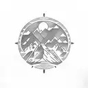 A sketch-style tattoo of a vinyl record spinning with mountain peaks as the grooves tattoo design idea