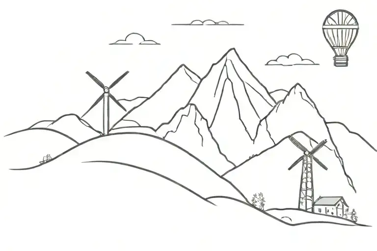  3 mountains with a windmill on 1 mountain (no other details) tattoo design idea