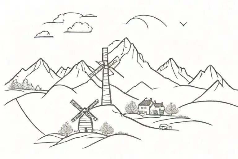  3 mountains with a windmill on 1 mountain (no  hills or sky) tattoo design idea