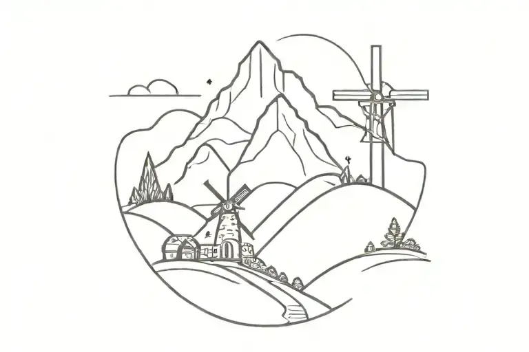 a mountain and a windmill simple design tattoo design idea