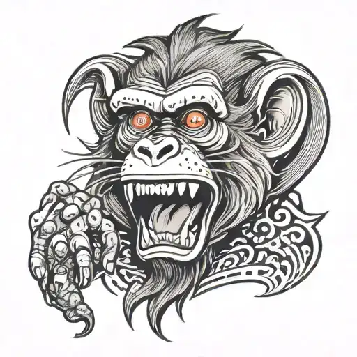 The monkey is depicted with a red face, sharp teeth and a long tail. He covers his mouth with one hand and the other tattoo design idea
