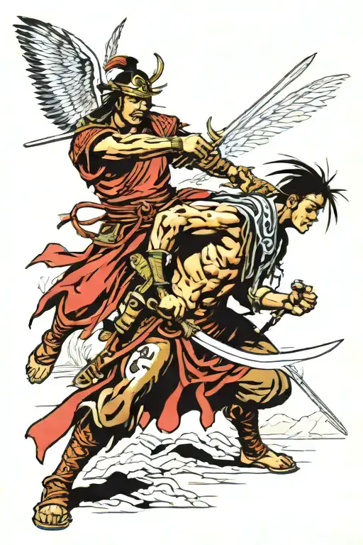 samurai warrior fighting a Native American with a guardian angel watching tattoo design idea