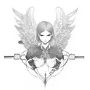 Fallen angel lifting weights in a dark and mysterious setting tattoo design idea