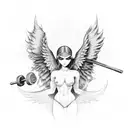 Fallen angel lifting weights in a dark and mysterious setting tattoo design idea