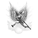 Fallen angel lifting weights in a dark and mysterious setting tattoo design idea