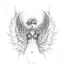 Fallen angel lifting weights in a dark and mysterious setting tattoo design idea
