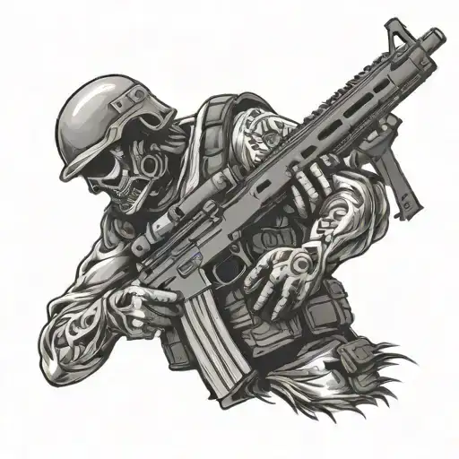 dead military man with an AK 47 assault rifle tattoo design idea