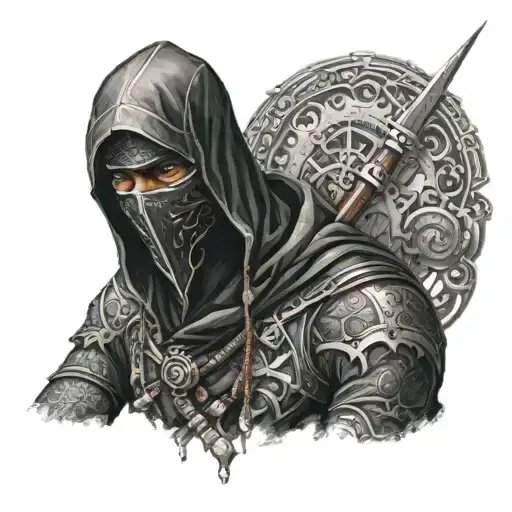 black assassin wearing georgian traditional suit tattoo design idea