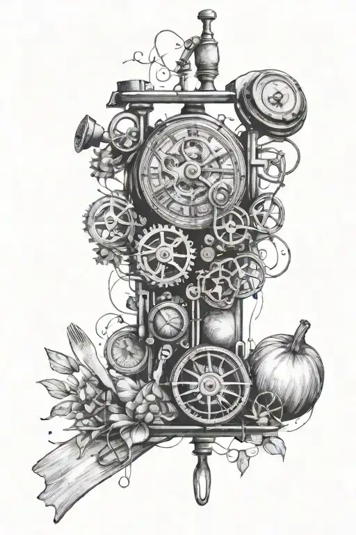 Incorporate a detailed watch mechanism into a culinary scene, with cooking utensils and ingredients surrounding it tattoo design idea