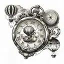 Illustrate a watch transforming into a hot air balloon, symbolizing the client's love for travel and engineering, with cooking ingredients floating around it tattoo design idea