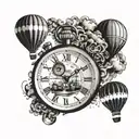Illustrate a watch transforming into a hot air balloon, symbolizing the client's love for travel and engineering, with cooking ingredients floating around it tattoo design idea