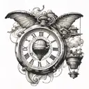 Illustrate a watch transforming into a hot air balloon, symbolizing the client's love for travel and engineering, with cooking ingredients floating around it tattoo design idea