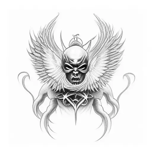 - angel with wings open, one of which is a demon and the other an angel - demon wing cut - demon wing healing on the bod tattoo design idea