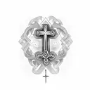 cross and writing on pec tattoo design idea
