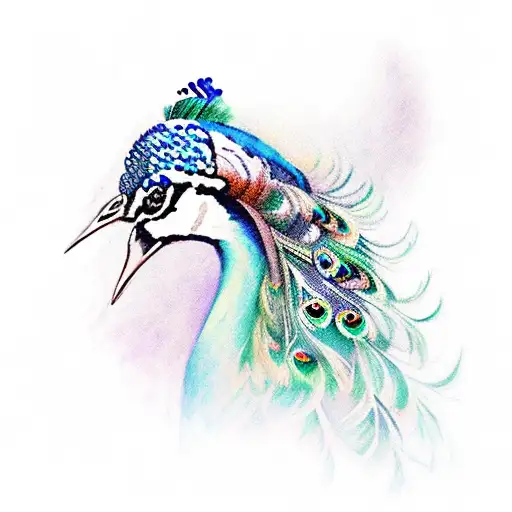 Peacock with names in feathers tattoo design idea