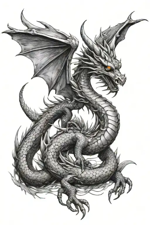 dragon with eastern style body, western style wings and head. open wings, head upwards tattoo design idea