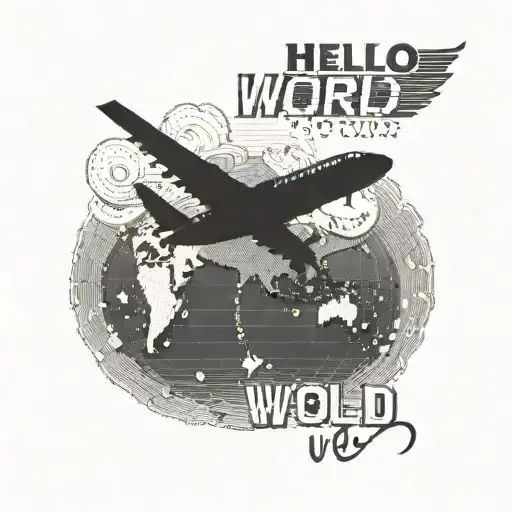 A pixel art style airplane flying over a map of the world, with the text 'Hello World' trailing behind as a banner tattoo design idea