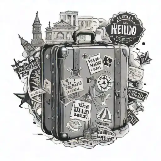 A vintage suitcase with stickers of famous landmarks, with 'Hello World' written in different languages tattoo design idea
