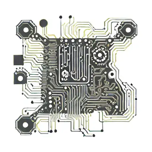 An intricate circuit board design with the words 'Hello World' integrated into the pattern tattoo design idea