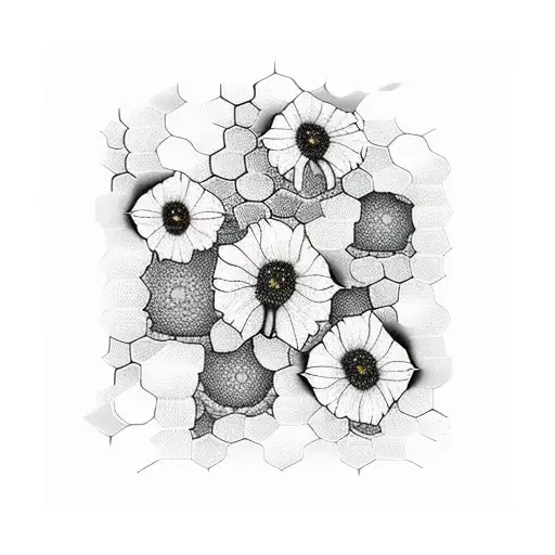 honeycomb background, hollyhocks, 2 bees tattoo design idea