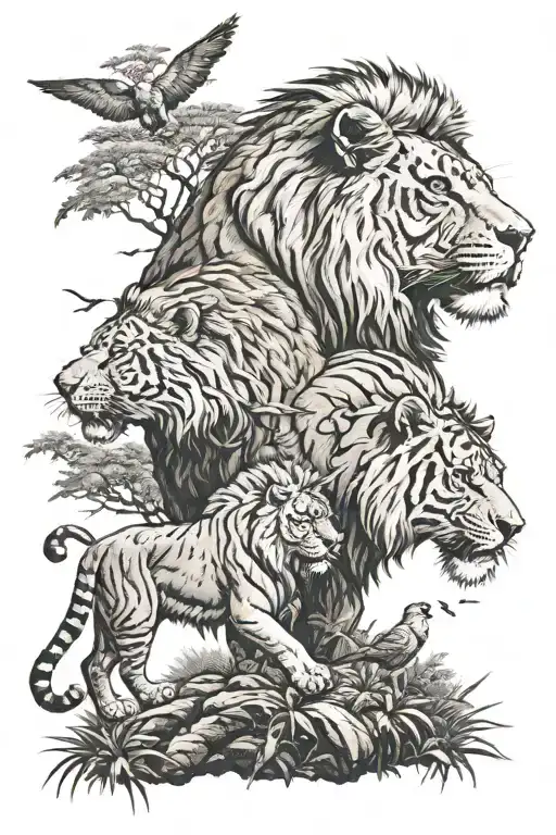 lions and tiger facing each other in a forest on a cliff with birds flying in the sky tattoo design idea