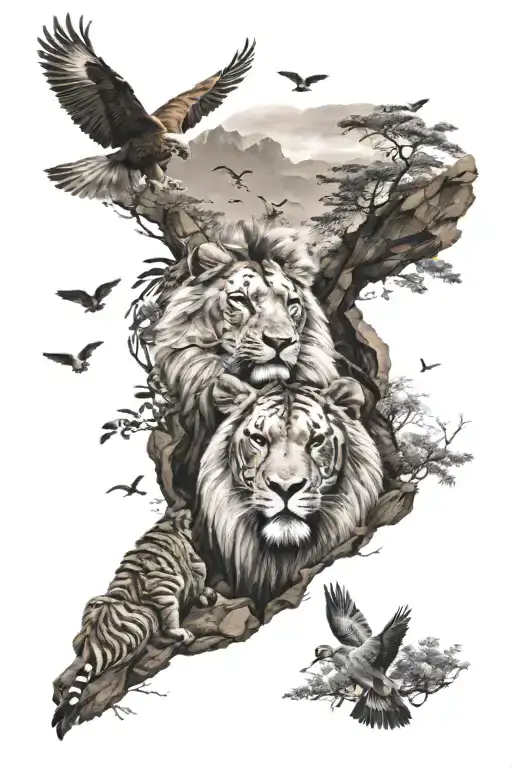 lions and tiger facing each other in a forest on a cliff with birds flying in the sky tattoo design idea