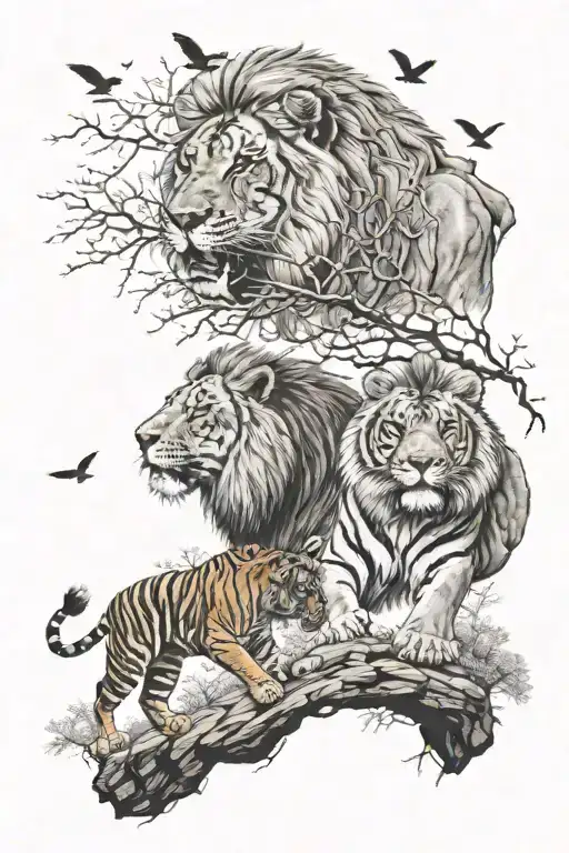 lions and tiger facing each other in a forest on a cliff with birds flying in the sky tattoo design idea