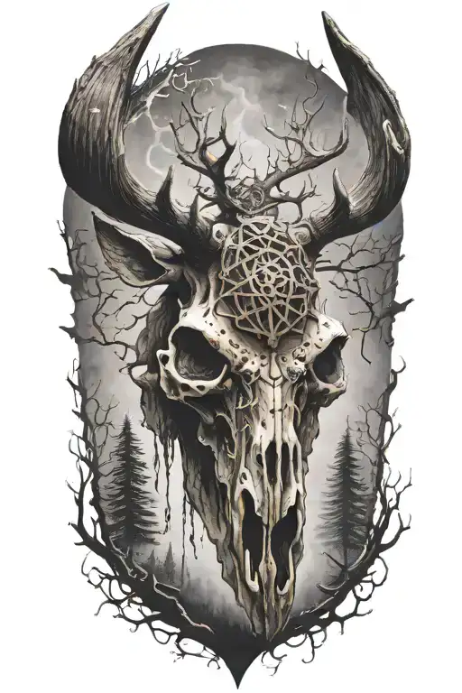 Moose Skull Mysterious and Dark With Fog And Pentagrams with "KNEEL" verbiage tattoo design idea