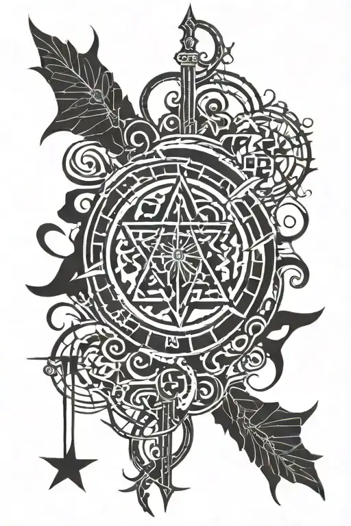 A dark and mysterious tattoo featuring Gothic symbols and Latin phrases, with a subtle nod to BDSM tattoo design idea