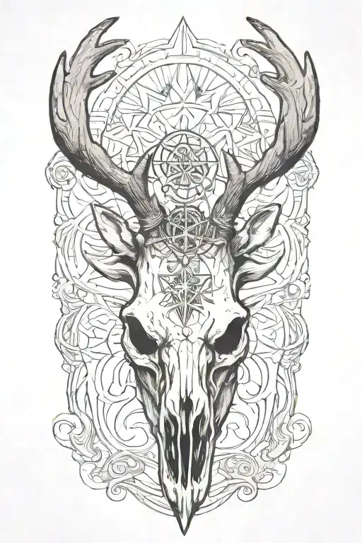 Evil Moose Skull Mysterious and Dark With Fog And Pentagrams with "KNEEL" verbiage tattoo design idea
