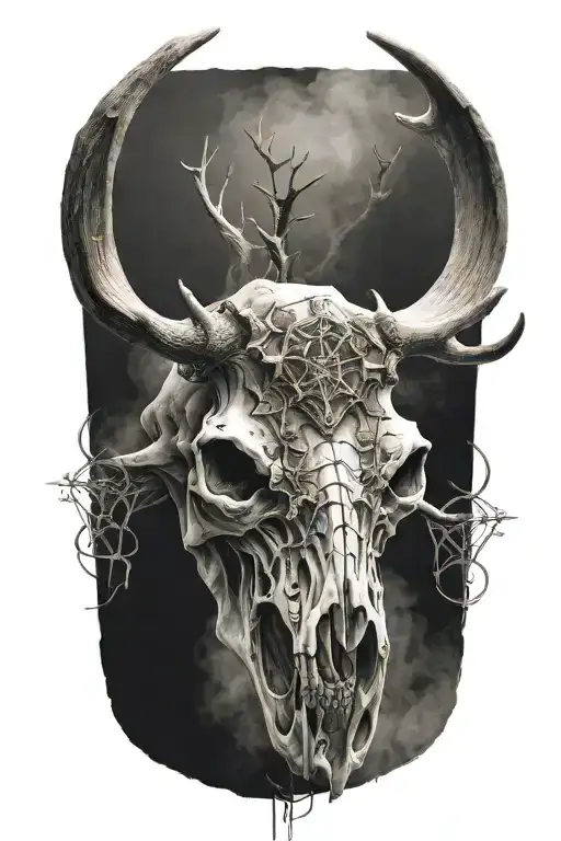 Evil Moose Skull Mysterious and Dark With Fog And Pentagrams with "KNEEL" verbiage tattoo design idea