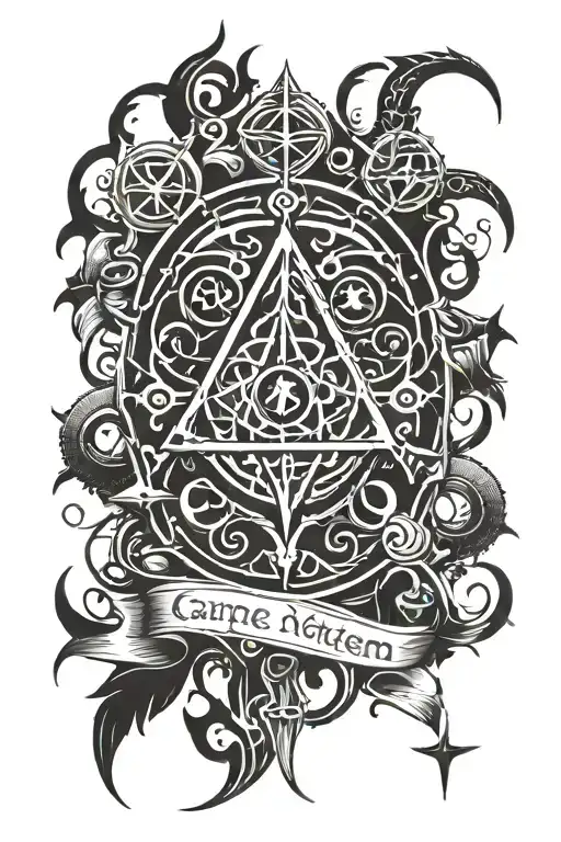 A dark and mysterious tattoo featuring Gothic symbols including the phrase "Carpe Noctem" tattoo design idea