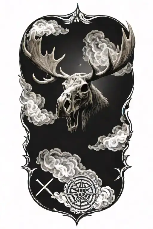 Moose Skull Mysterious and Dark With Fog And Pentagrams with "KNEEL" verbiage tattoo design idea