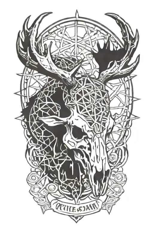 Moose Skull Mysterious and Dark With Fog And Pentagrams with "KNEEL" verbiage tattoo design idea