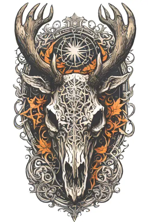 Evil Moose Skull Mysterious and Dark With Fog And Pentagrams tattoo design idea