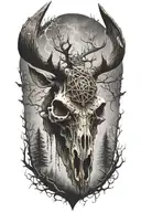 Moose Skull Mysterious and Dark With Fog And Pentagrams with "KNEEL" verbiage tattoo design idea