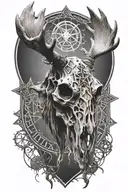 Moose Skull Mysterious and Dark With Fog And Pentagrams with "KNEEL" verbiage tattoo design idea