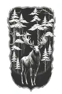 Moose God In An Evil Forest With Scary glowing eyes and a halo tattoo design idea