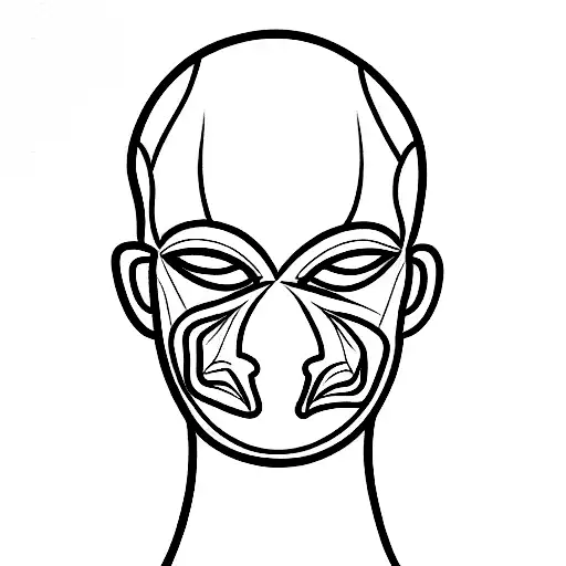 Design a minimalist anatomical-style tattoo featuring the faces or masks of Barranquilla's Carnival main characters, the tattoo design idea