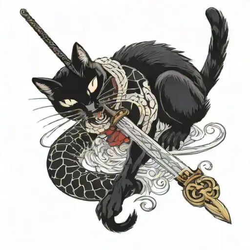 a black cat fighting a snake wrapped in a sword tattoo design idea