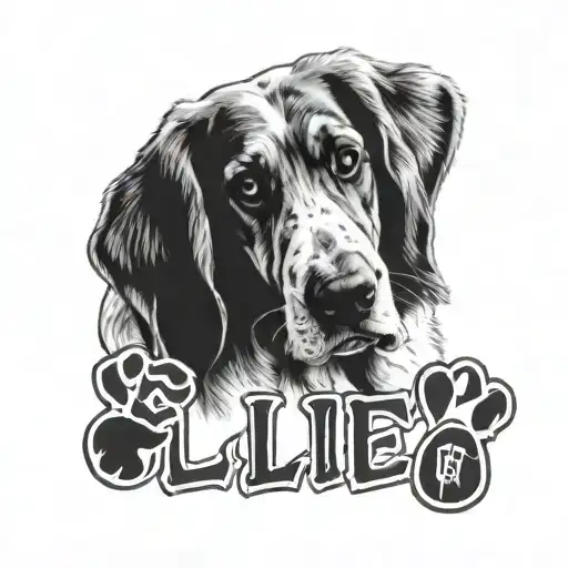 basset hound paw print with the name ellie written in the middle of the paw print tattoo design idea